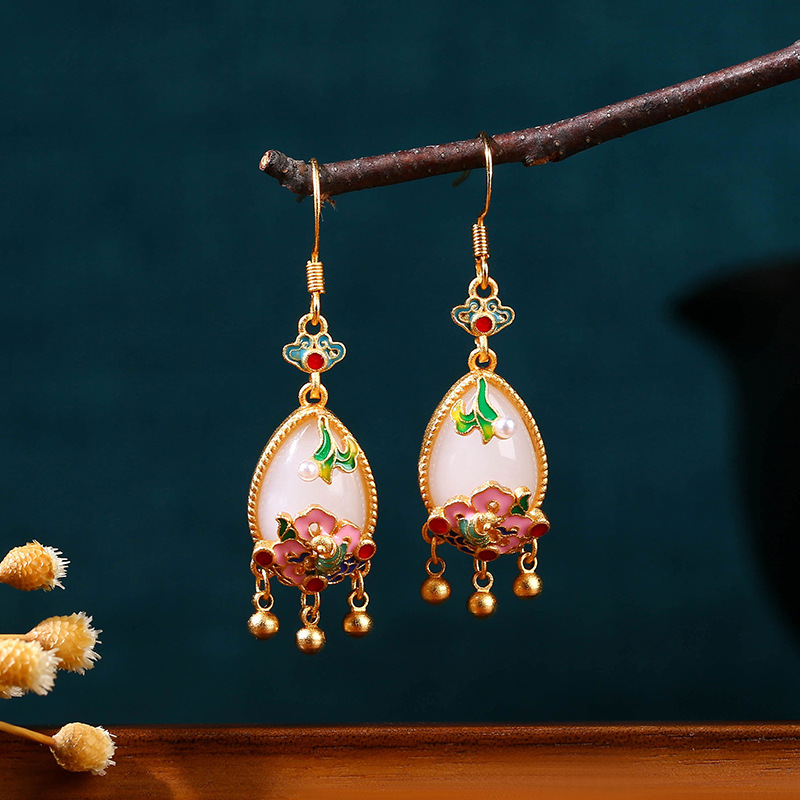 Natural Jade Flower Earrings C - огляд і ціна Gold Plated Jewelry